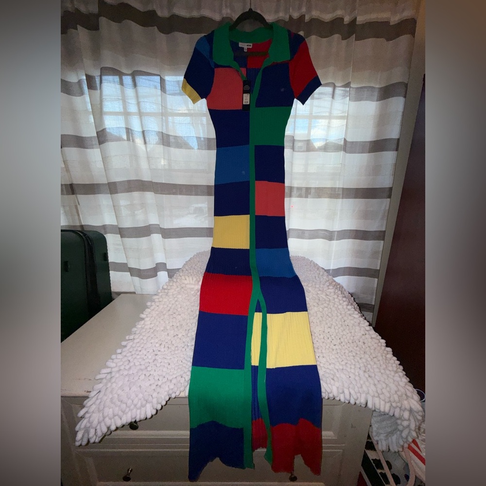 Fashion Nova Green, Blue & Red Ribbed Colorblock Dress